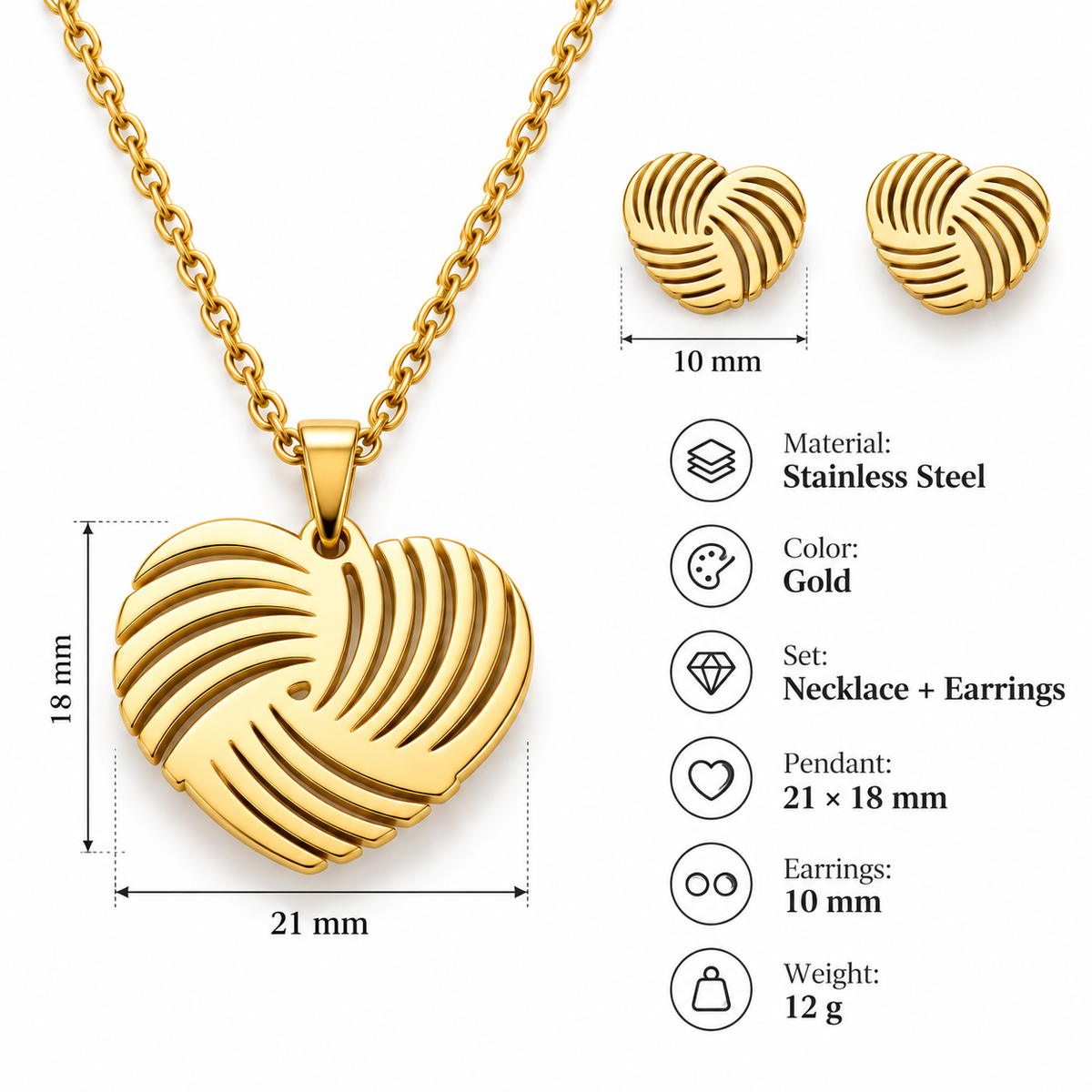 Zestaw biżuterii z motywem serca – łańcuszek + kolczyki