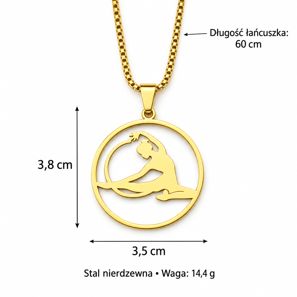 Zloty naszyjnik z sylwetka jogi z wymiarami: lancuszek 60 cm, zawieszka 3,8 x 3,5 cm, waga 14,4 g