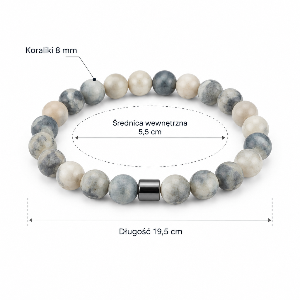 Bransoletka szaro-kremowa, koraliki 8 mm, dlugosc 19,5 cm, srednica wewnetrzna 5,5 cm