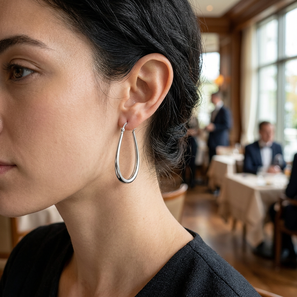 Srebrny kolczyk w kształcie kropli na modelce w restauracji
